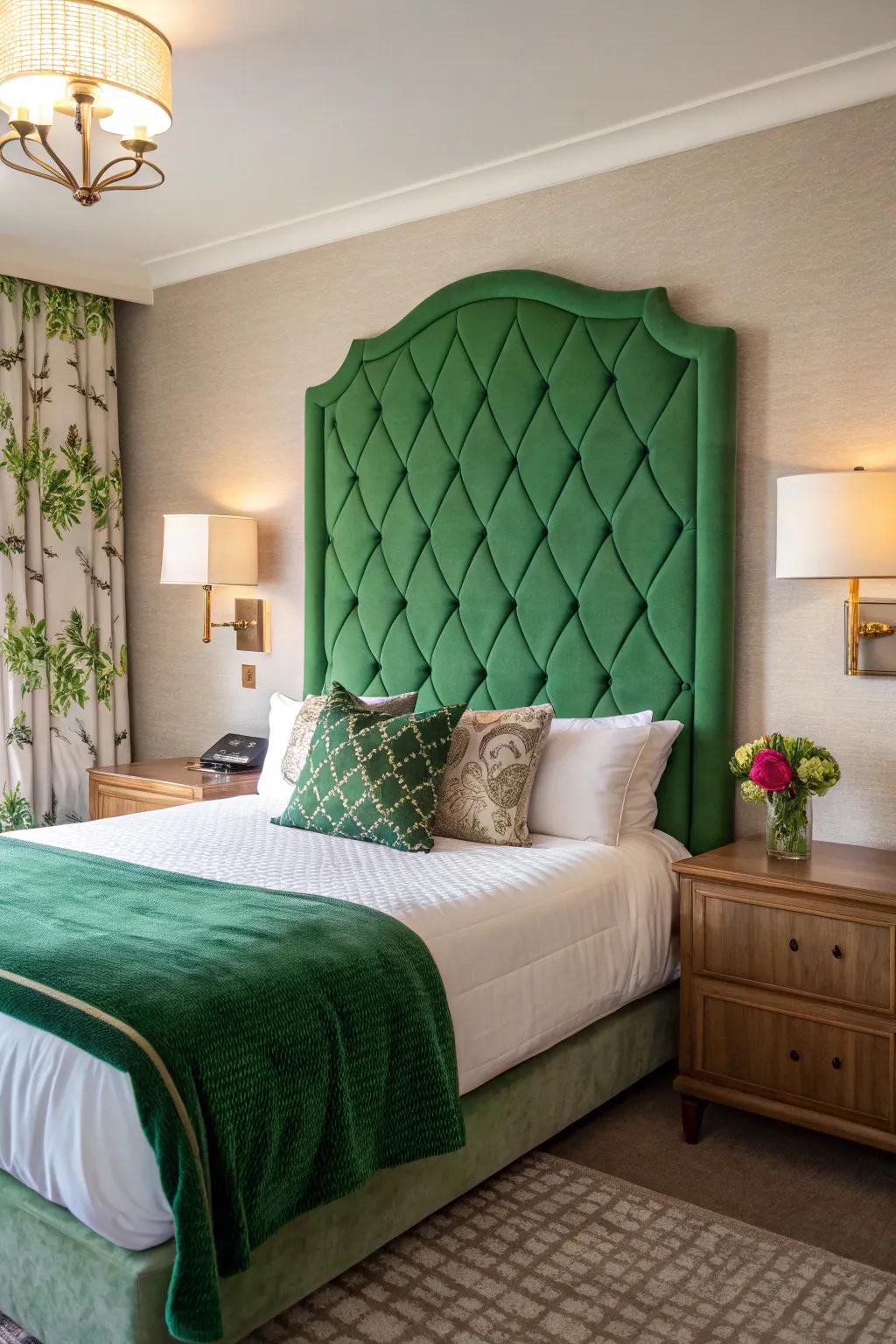 A statement headboard is the focal point with its strong design.