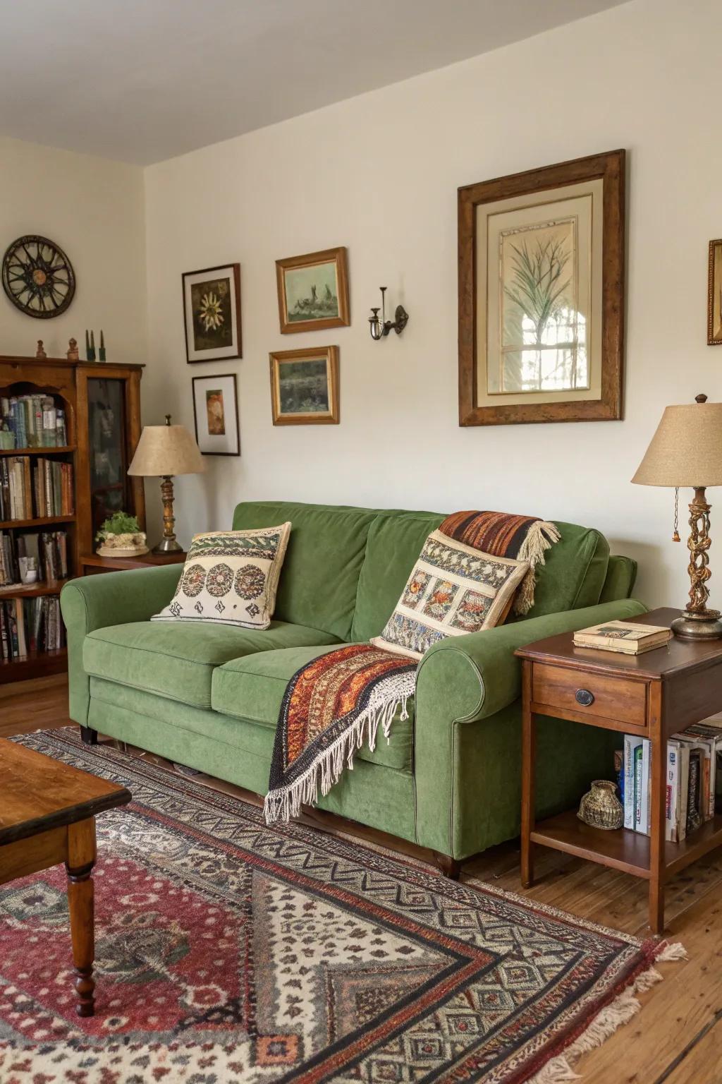 Timeless treasures add depth and character to a living space featuring a verdant couch.