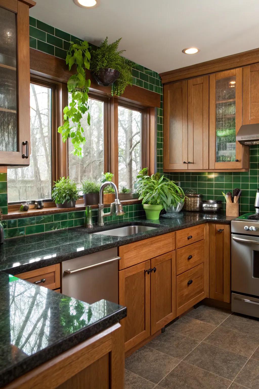 Blending materials creates a dynamic and balanced green kitchen.