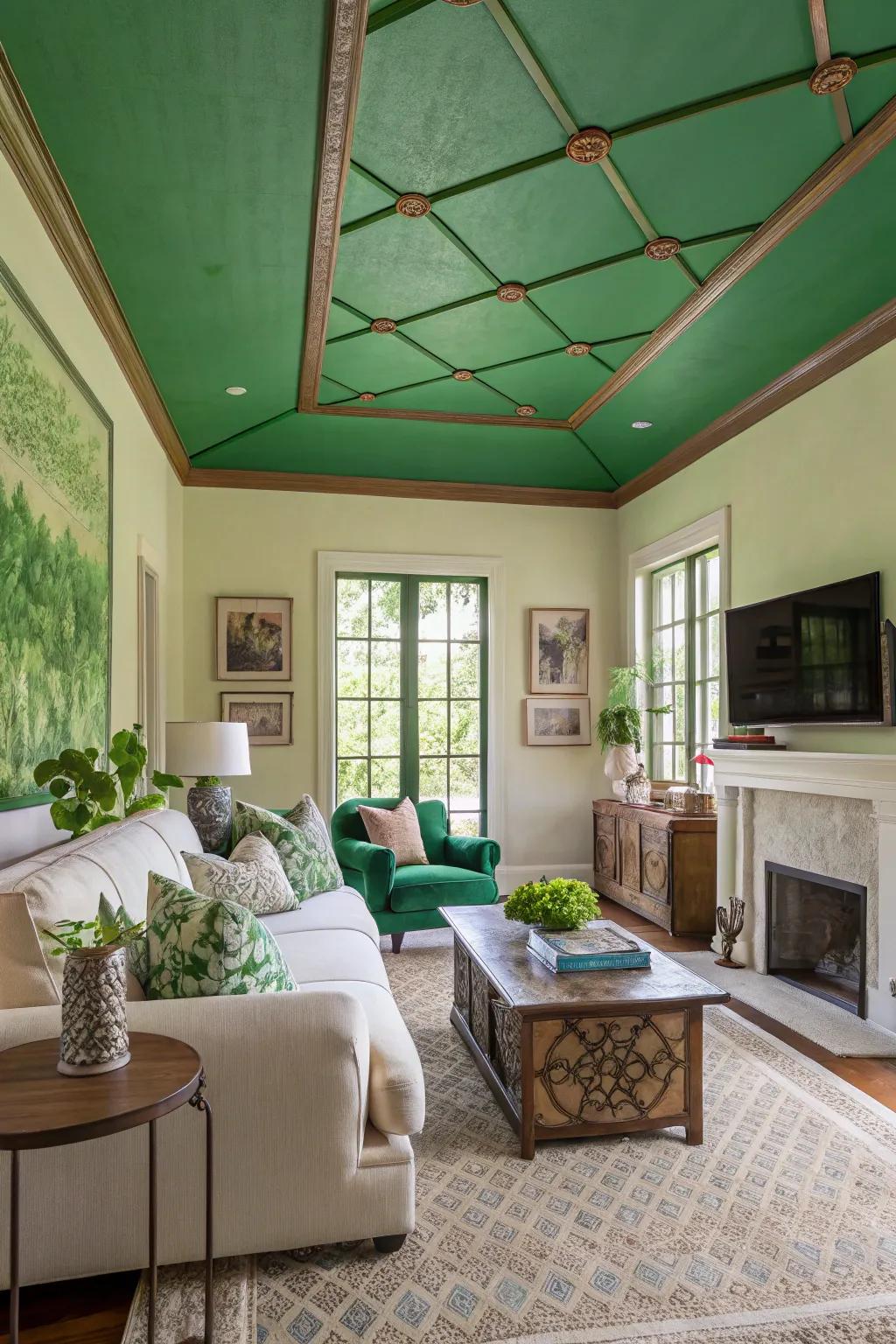 A green-painted ceiling offers a delightful surprise.