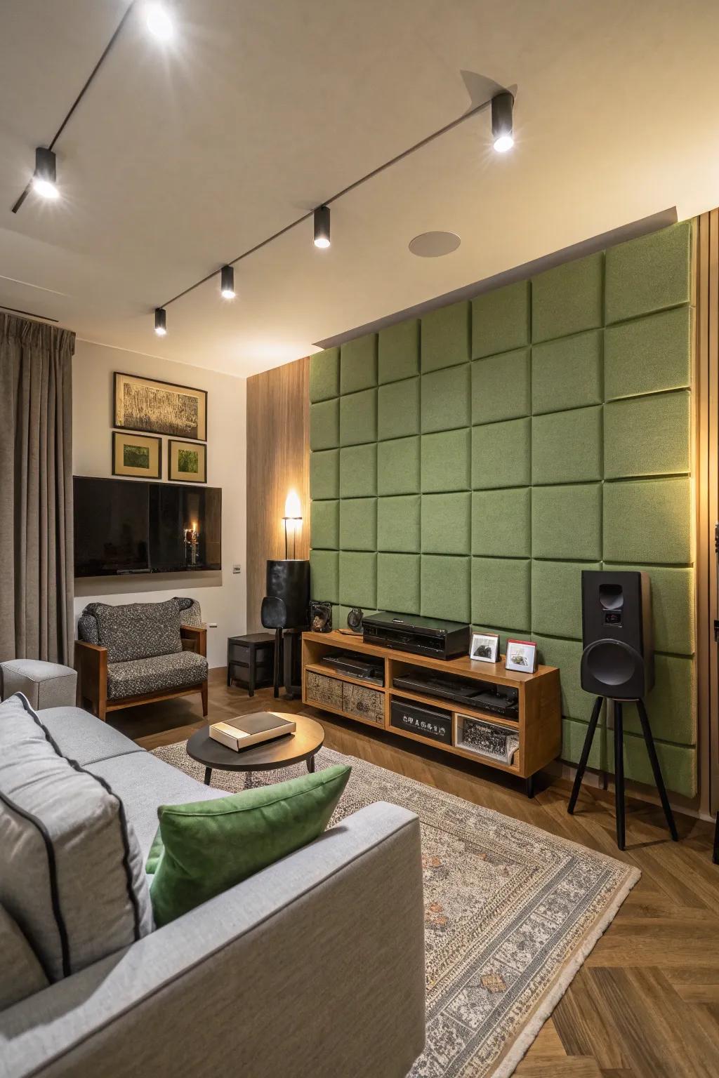 Green acoustic panels enhance style and sound quality.