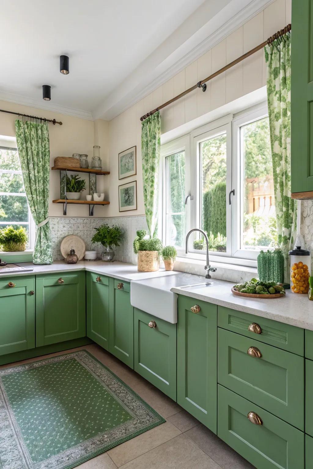 Green cabinets infuse freshness into the cooking area.