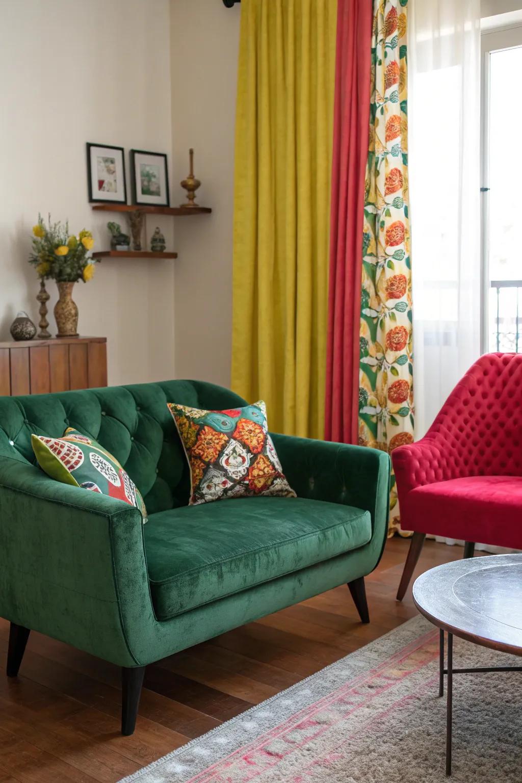 A playful living room with a forest-toned plush sofa and colorful accents.