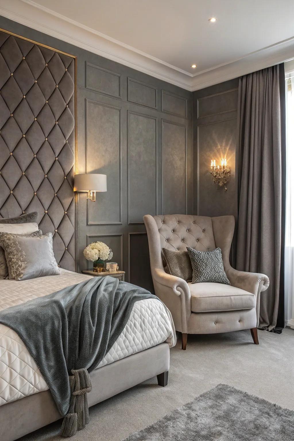 Velvet textures elevate the inherent opulence of this grey feature wall.