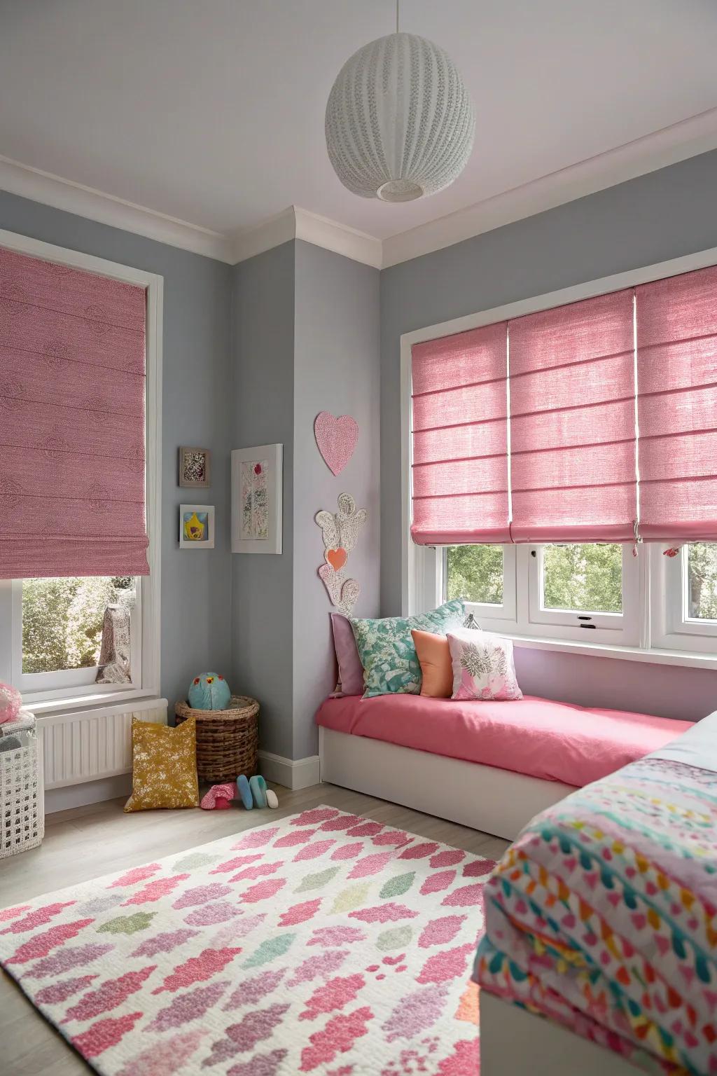 Pink shades add a playful twist to a grey and pink design scheme.