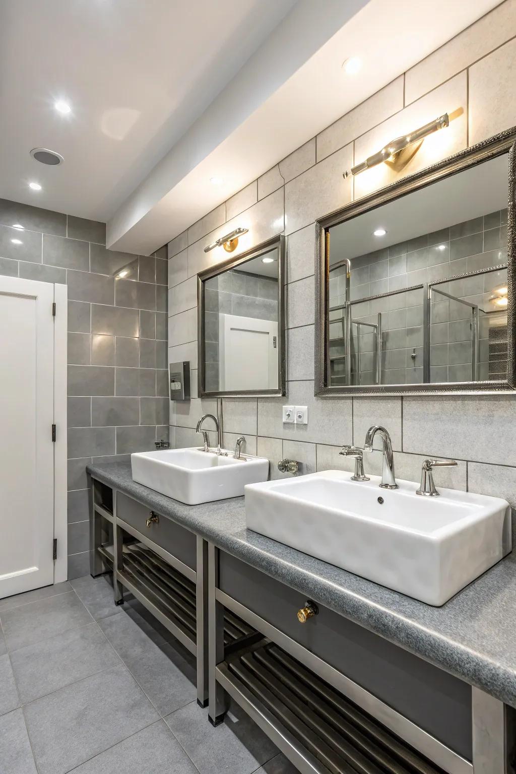 Metallic accents bring a luxurious touch to the grey and white theme.