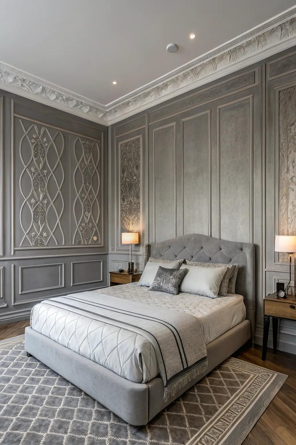 Grey paneling appends refinement and texture.