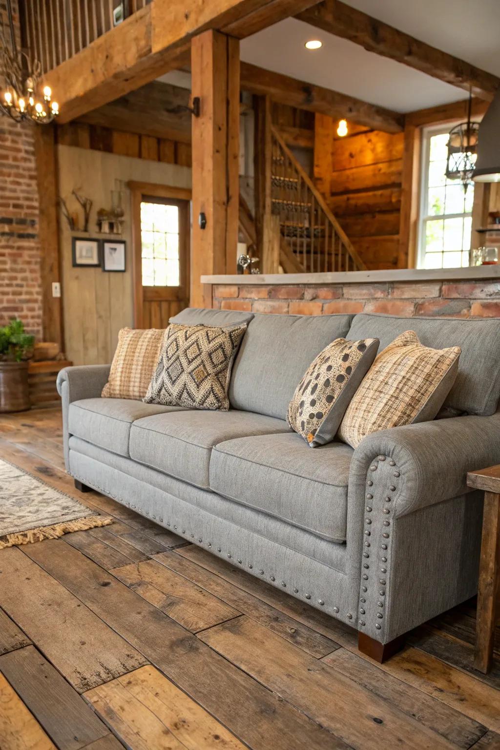 Rustic elements add charm to a gray sofa setting.