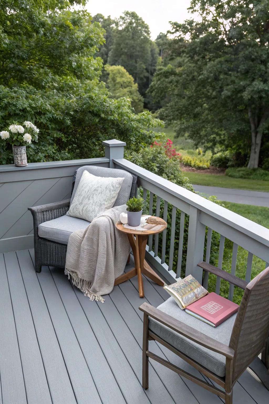 A peaceful reading spot on a tranquil grey deck.