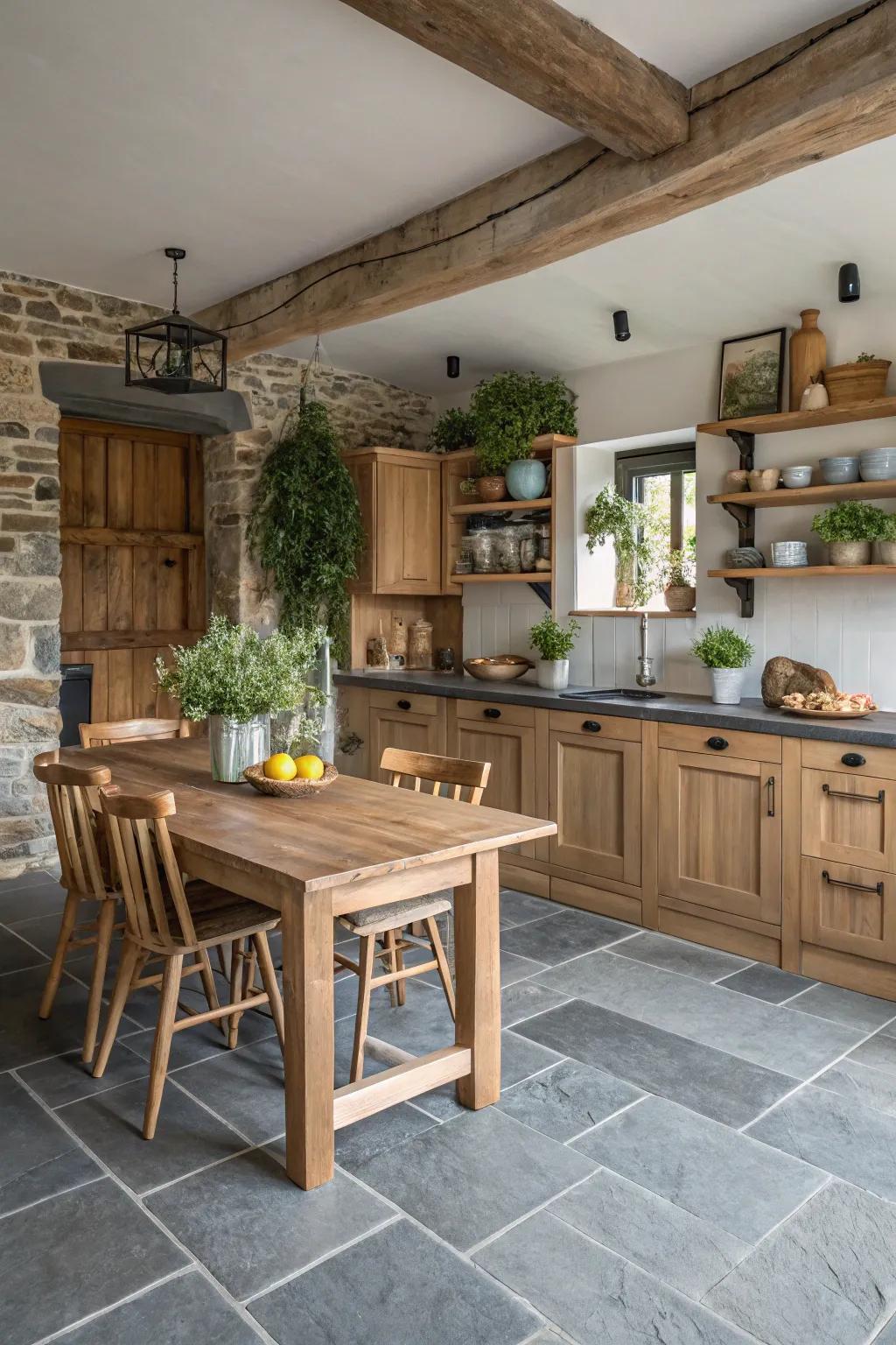 Grey slate flooring adds natural charm to this rustic kitchen.