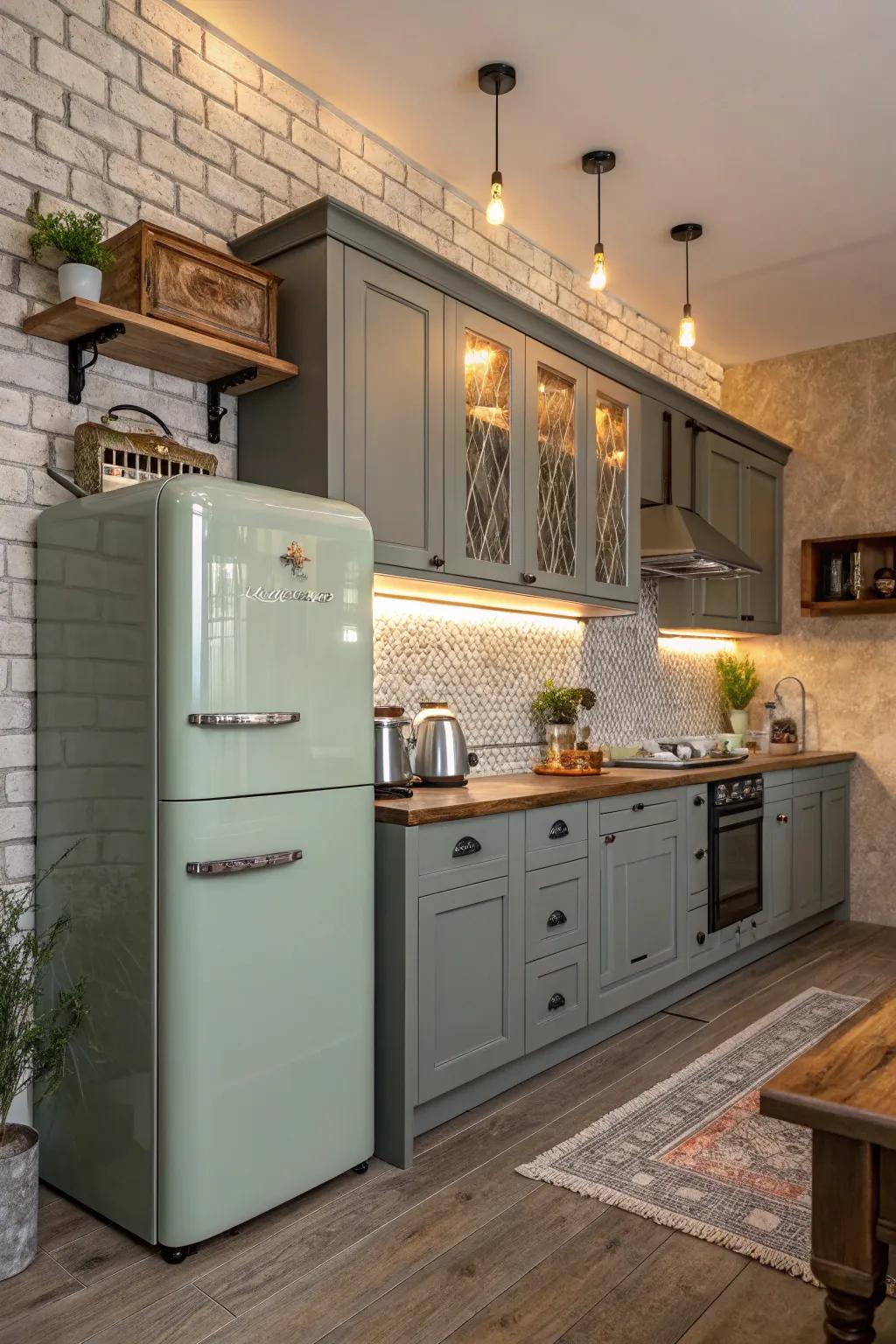 Retro appliances infuse nostalgic charm into grey-green cabinets.