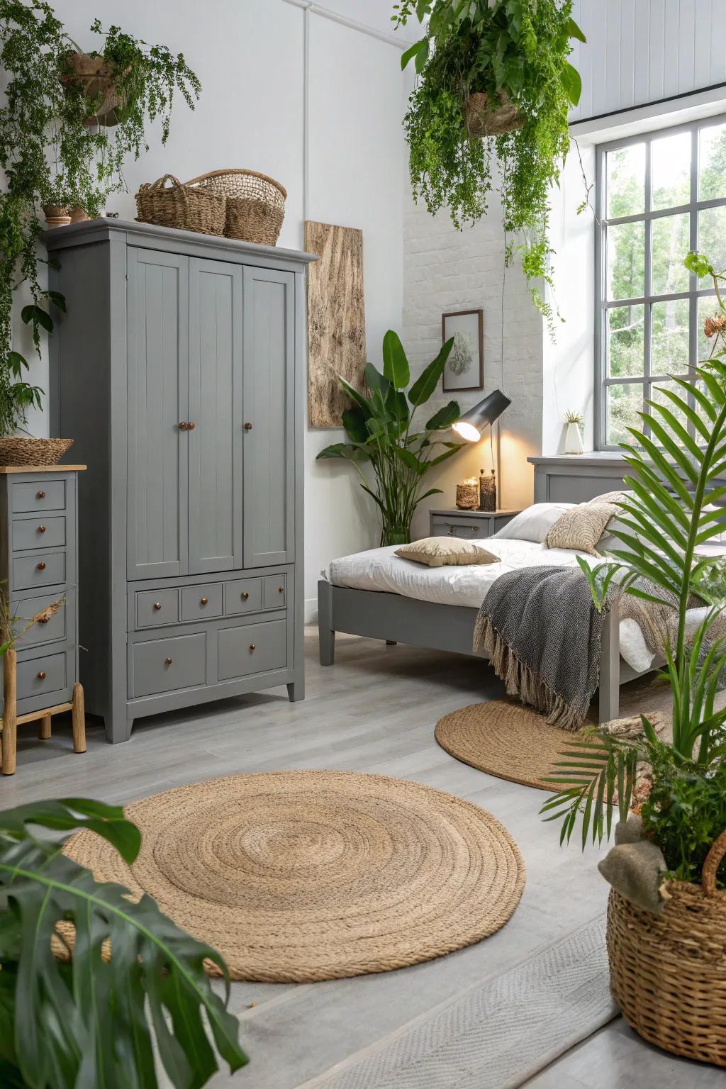 Natural elements bring harmony to a grey-themed bedroom.