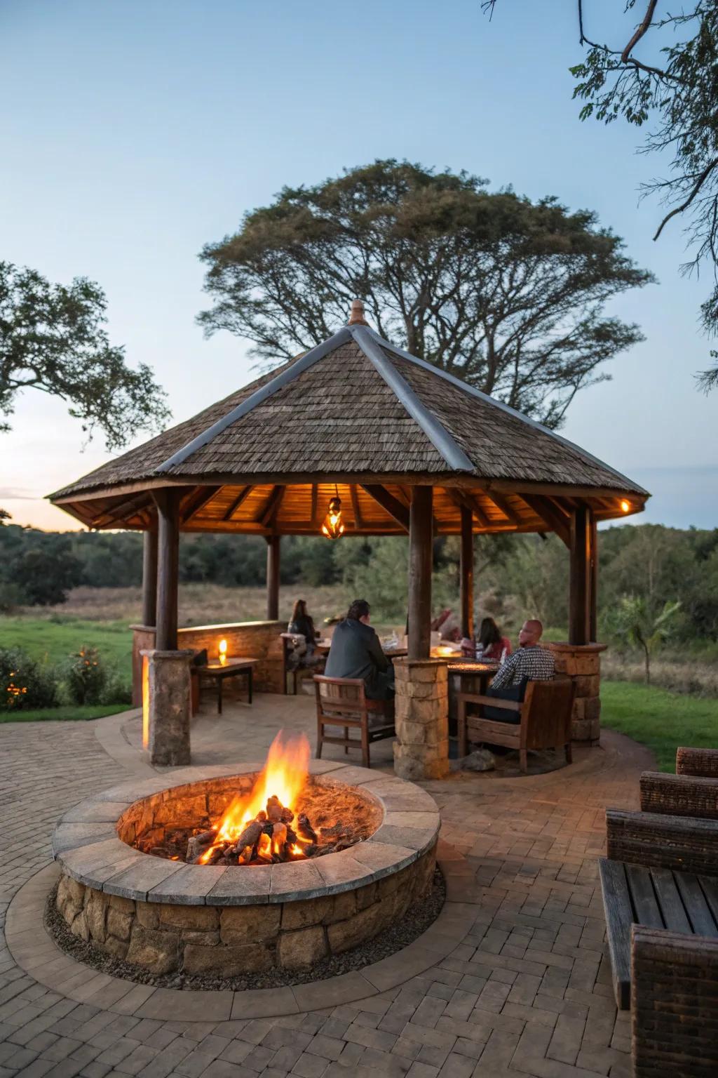 A grill hut featuring a central fire feature for heat and gathering.