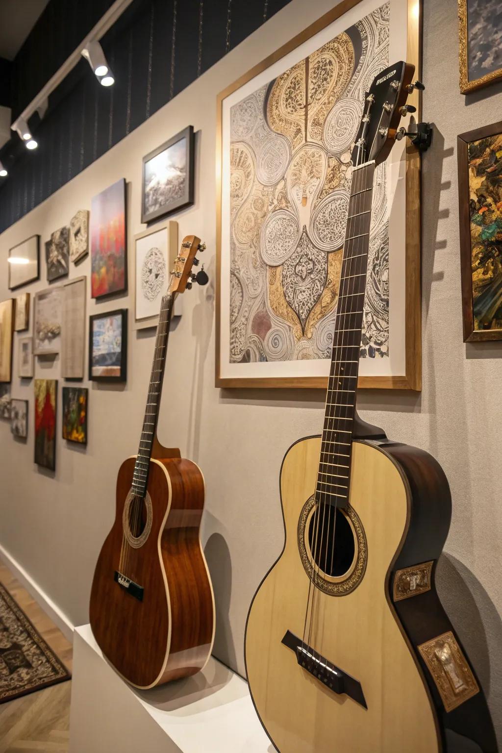 Guitars presented alongside art pieces for a gallery impact.