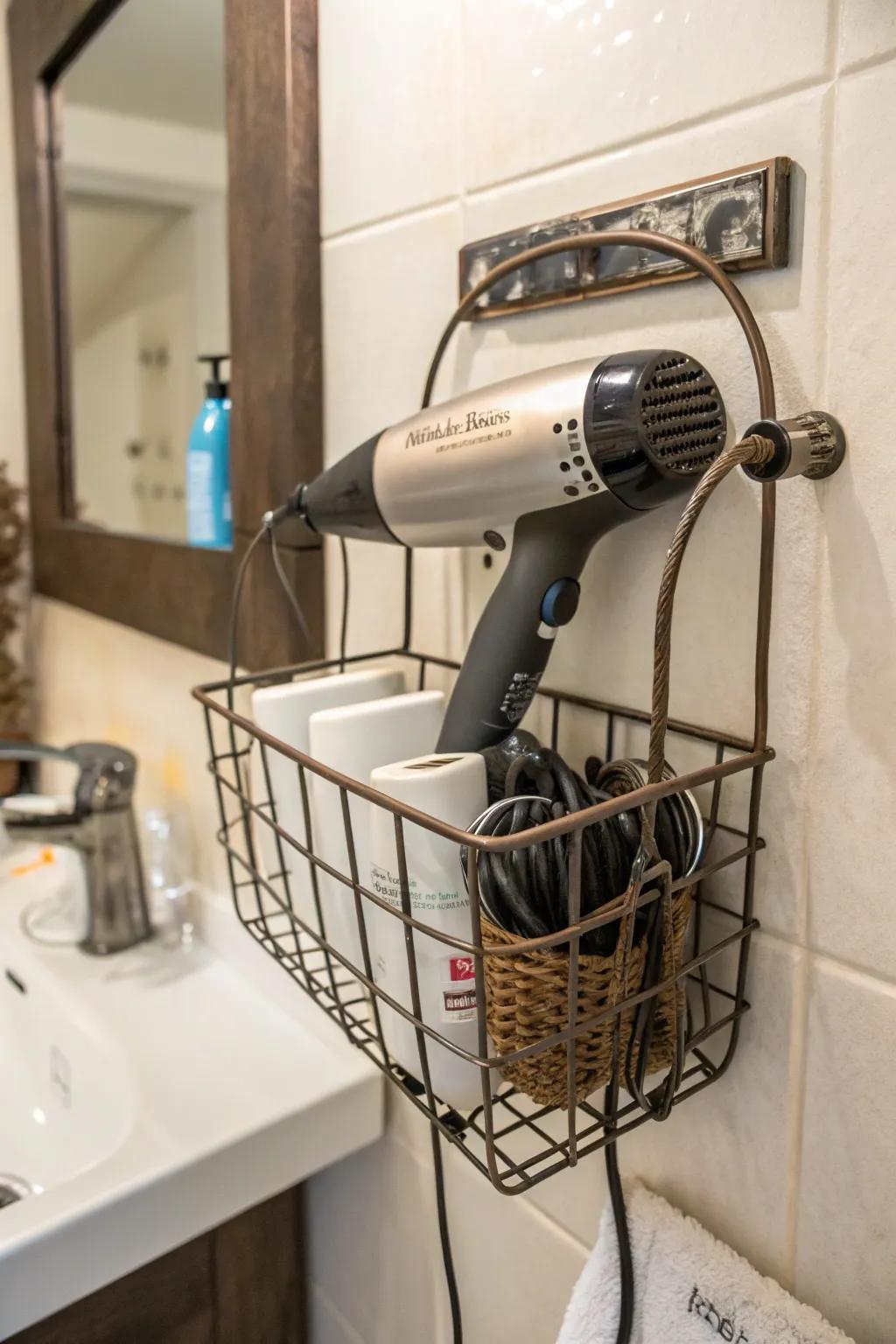 Rustic charm with repurposed garden containers for storage of hair tools.