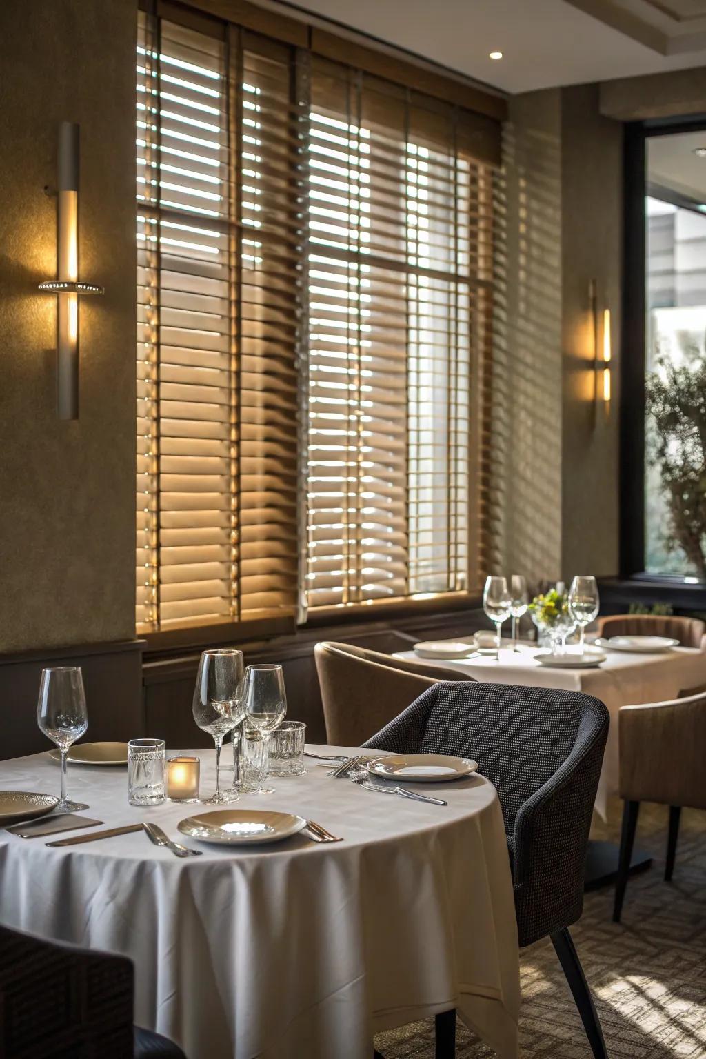 Elegant eating area with half Venetian window solutions.