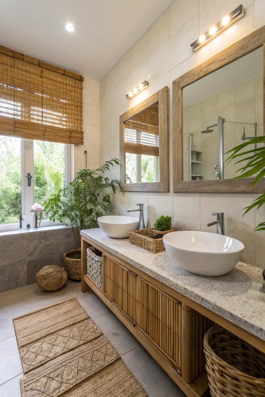 Eco-friendly accents offer sustainability and design in a guest bathroom.