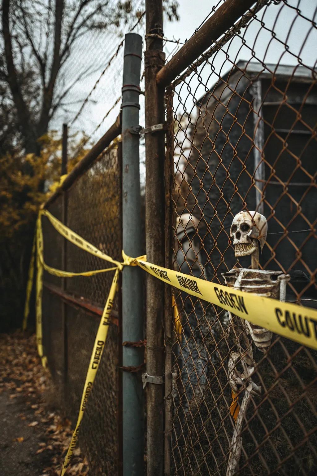 A frightful fence adorned with hazard tape and skeletons.