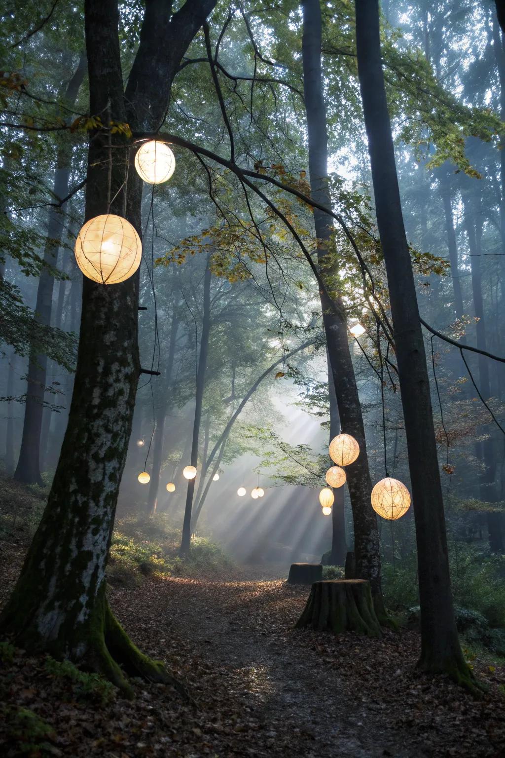 Mysterious spheres cast an ethereal radiance in the forest.
