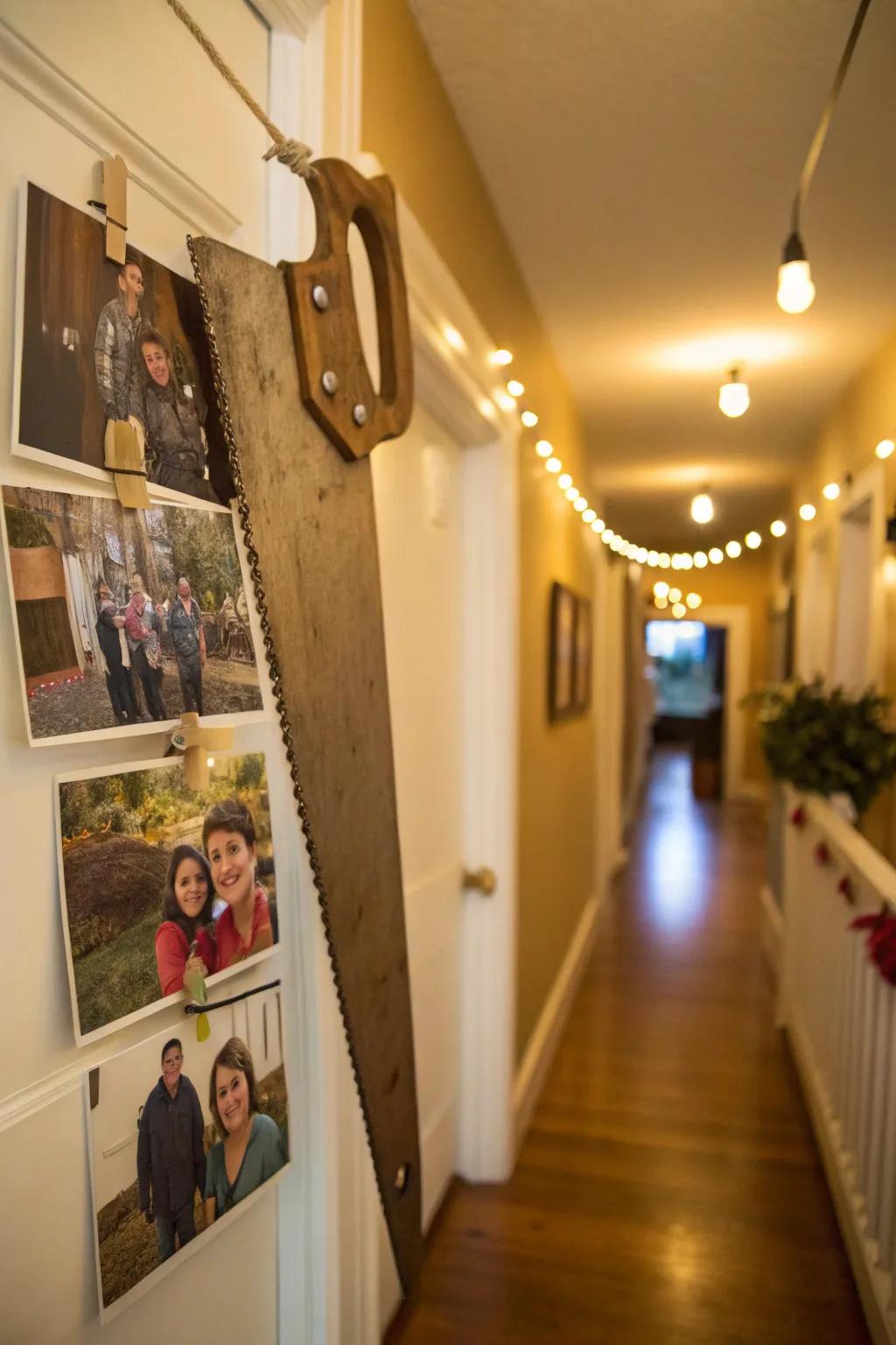 A rustic photo display utilizing an aged handsaw.