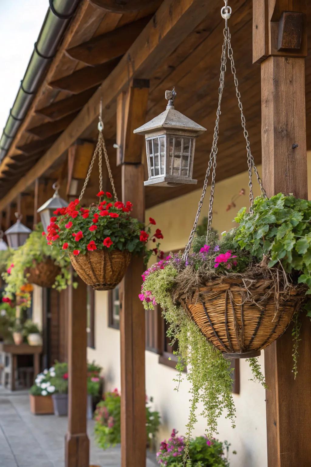 Suspended baskets contribute rustic charm and exhibit versatile usage.