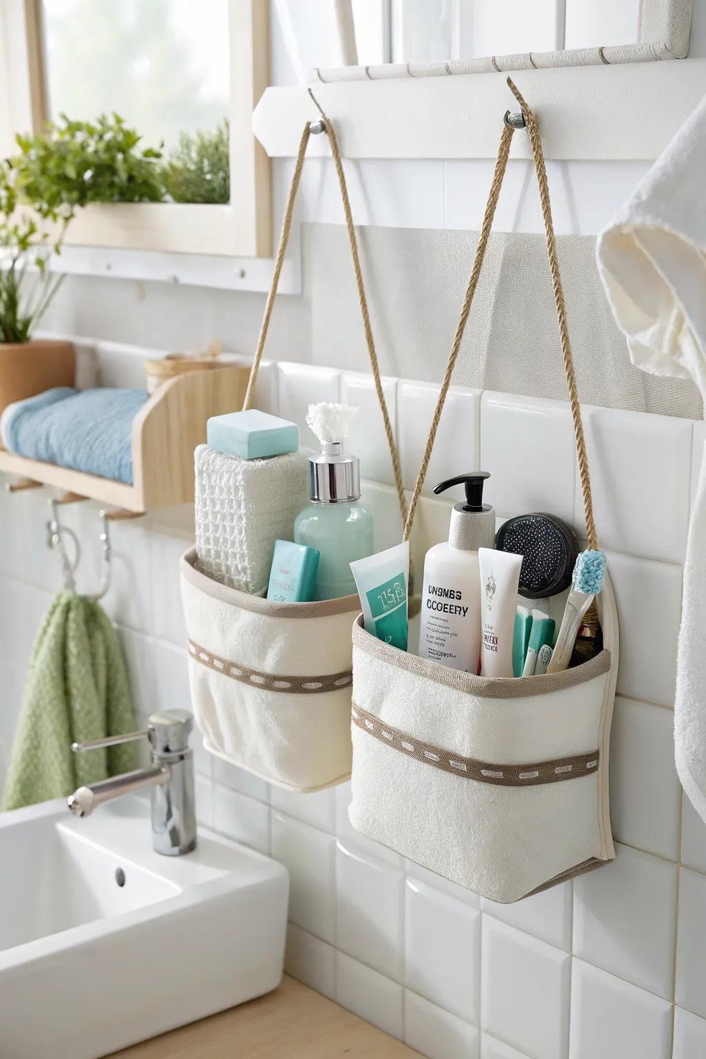 Streamline your bathroom with suspension organizers.
