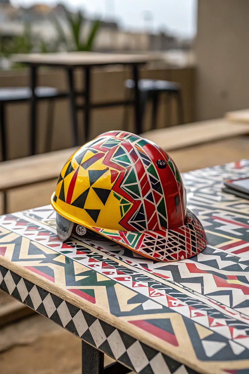 A hard hat showcasing a contemporary geometric design.