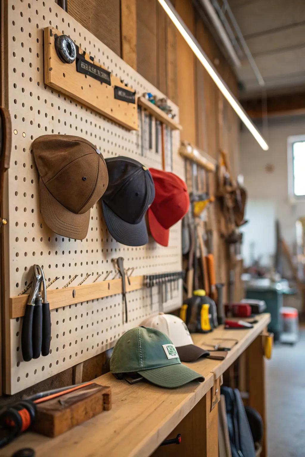 Hats hanging on a pegboard wall.