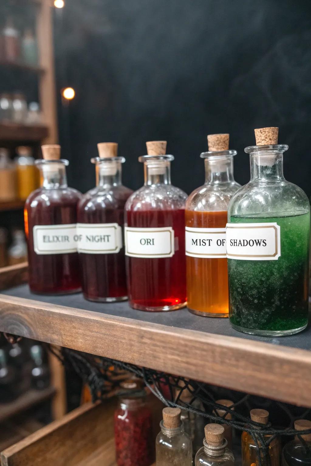 Construct a mysterious display with potion bottles and eerie labels.
