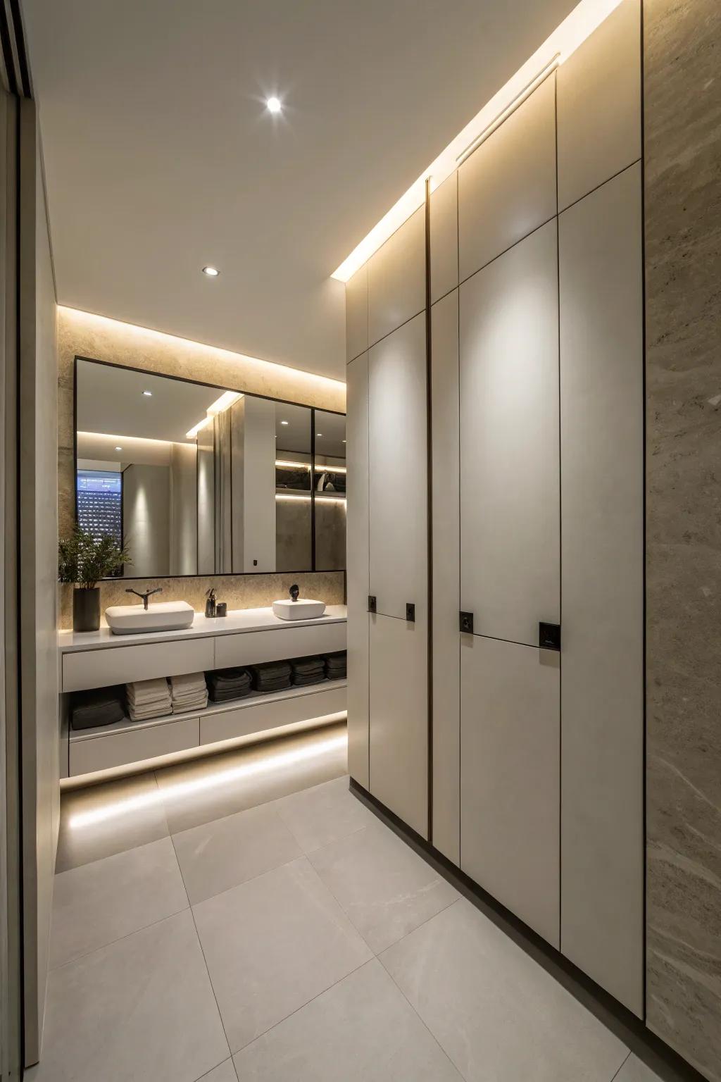 Structural lines in a bathroom hiding storage solutions.