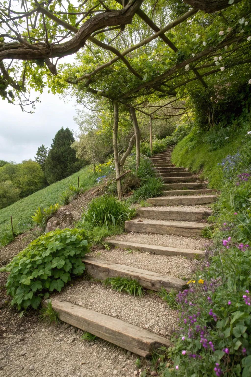 Wood and stone steps provide rustic charm and practicality.