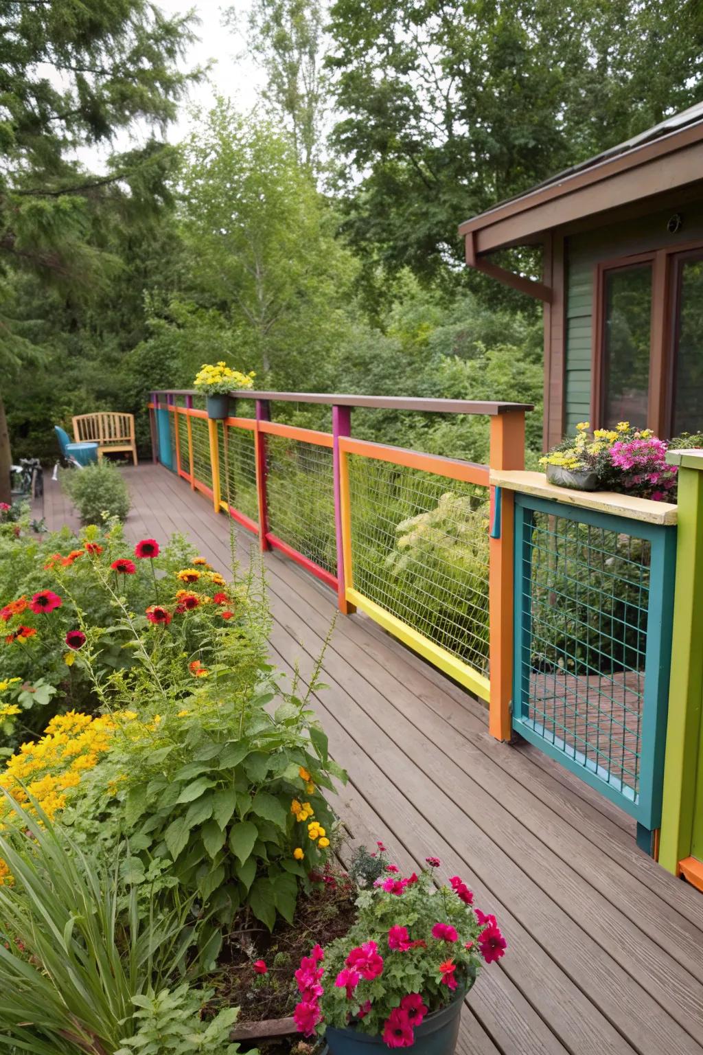 Colorful surrounds add a playful and unique touch to deck guardrails.