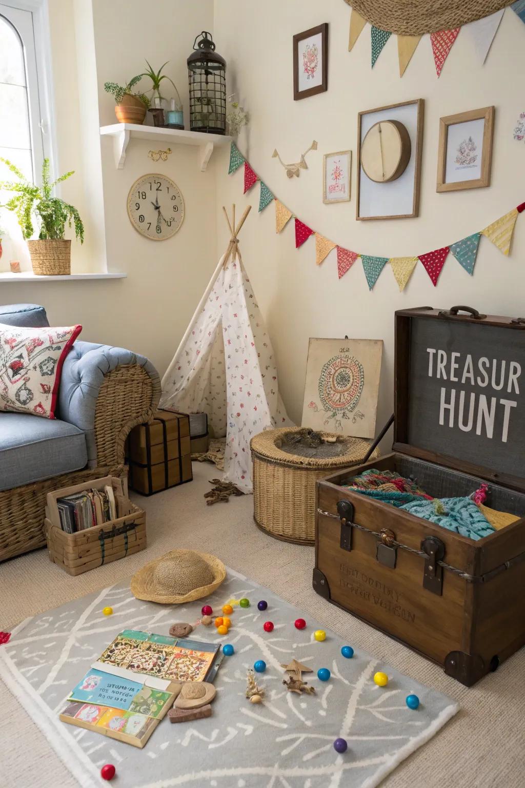 A treasure hunt setup infuses an element of adventure into the party.