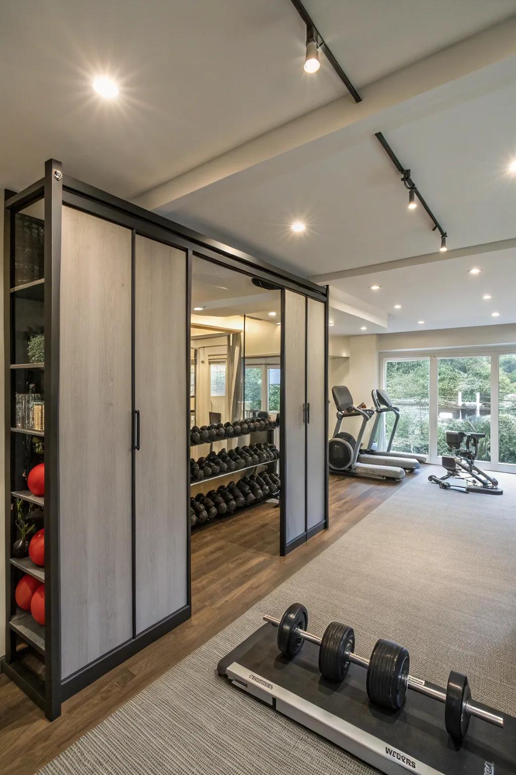 Sliding panels deliver a sleek and contemporary method to hide gym equipment.