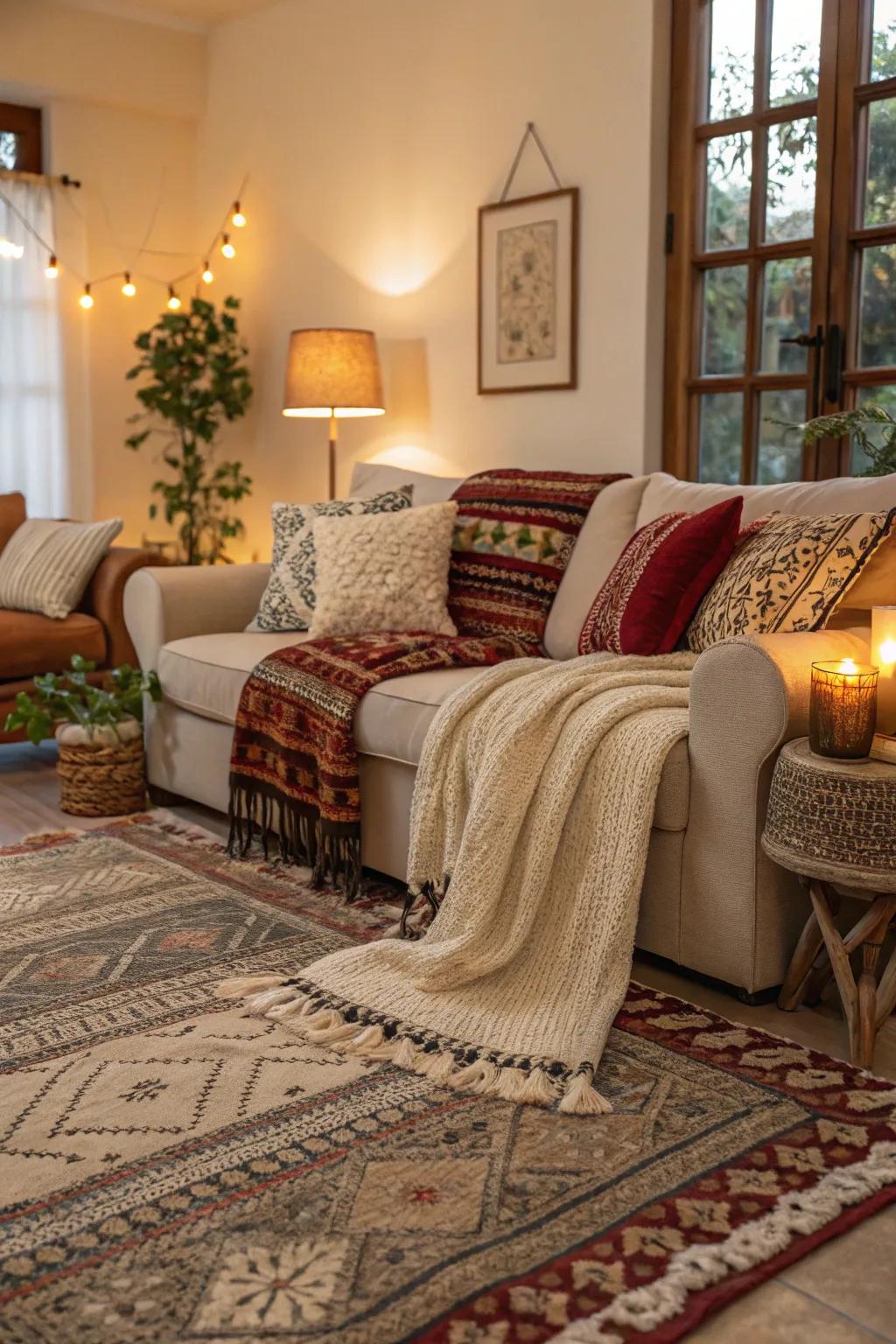 A room transformed with textured rugs and textiles.