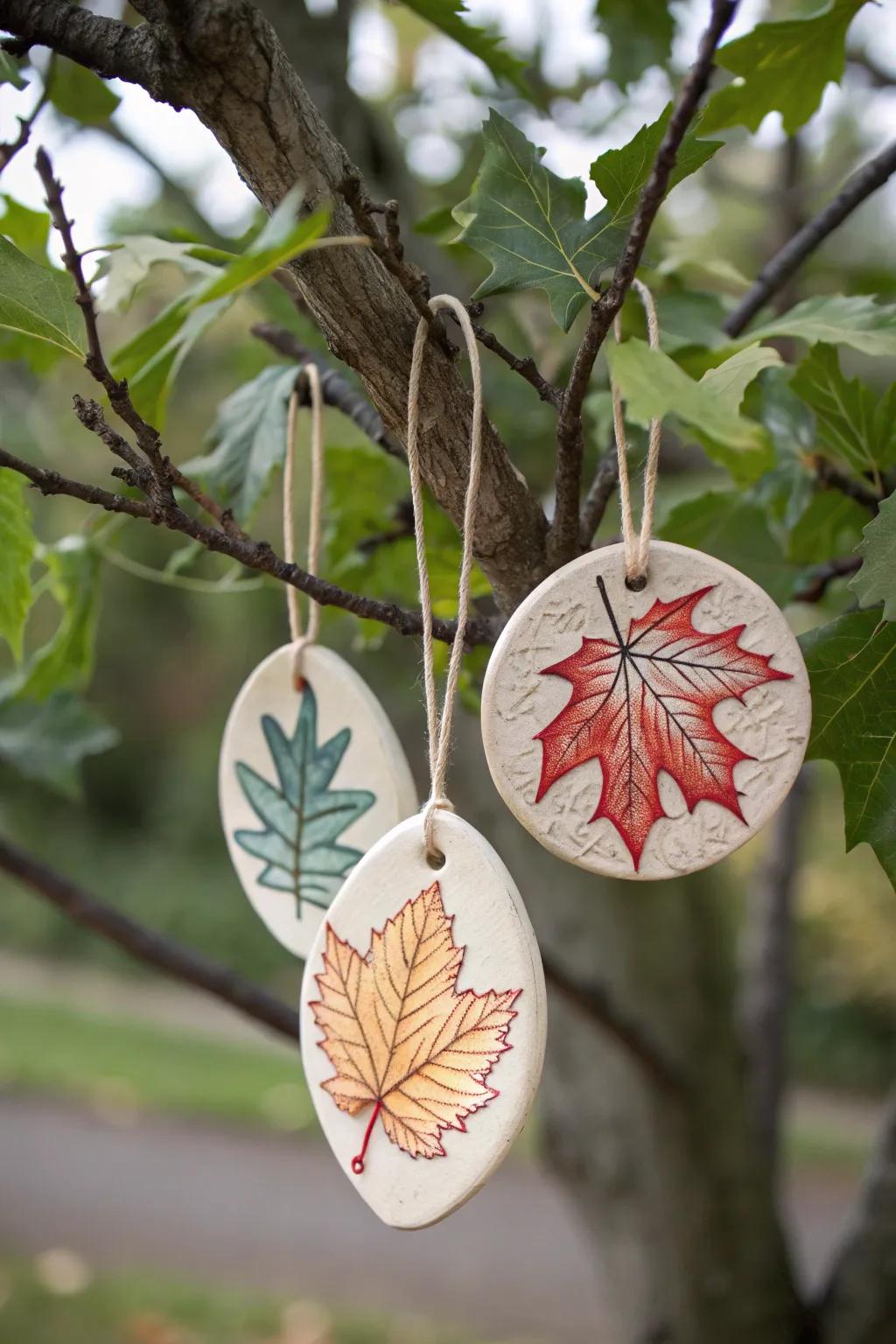 Clay foliage cast ornaments embodying the essence of nature on the tree.