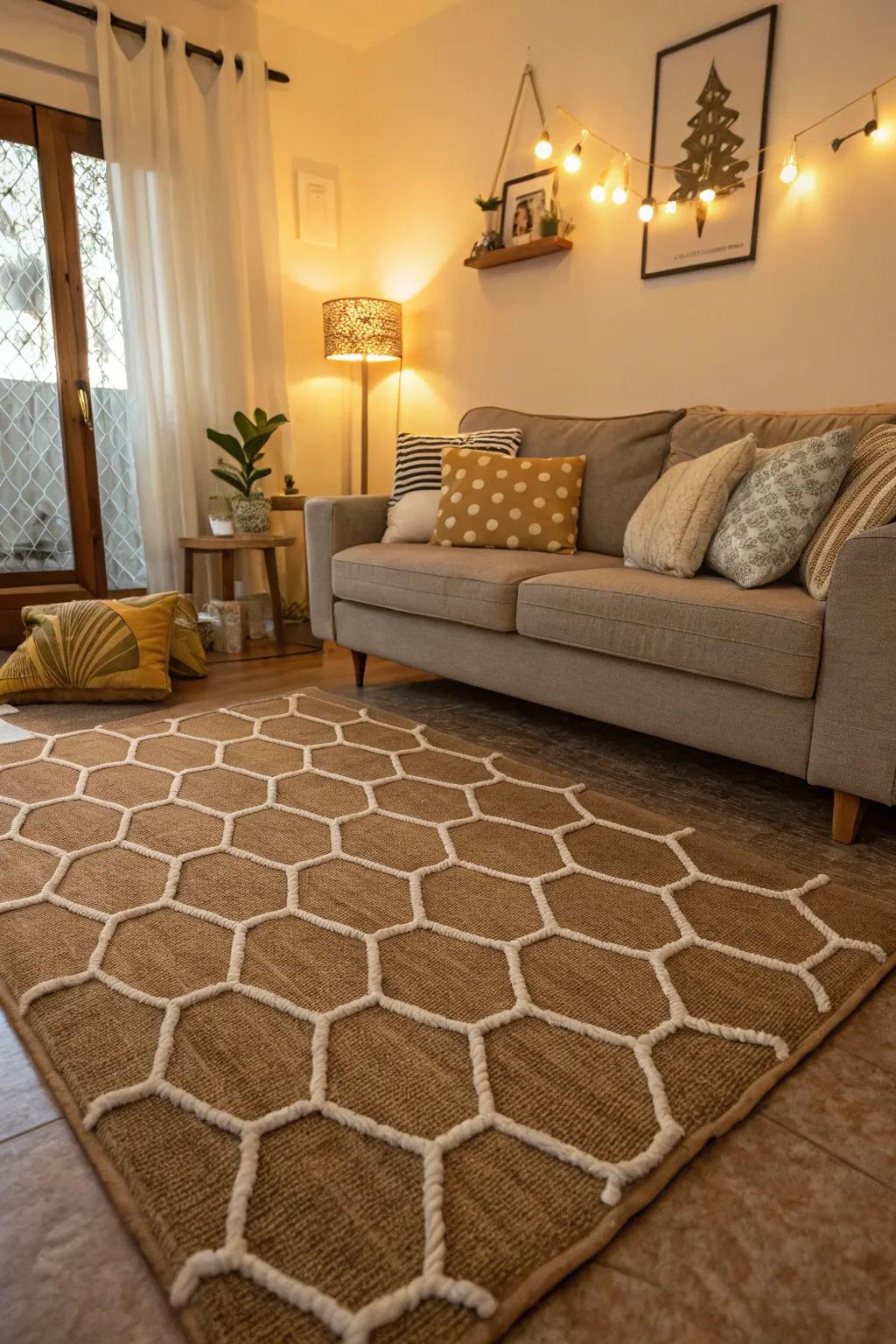 Elevate your floor with a honeycomb-patterned floor covering.
