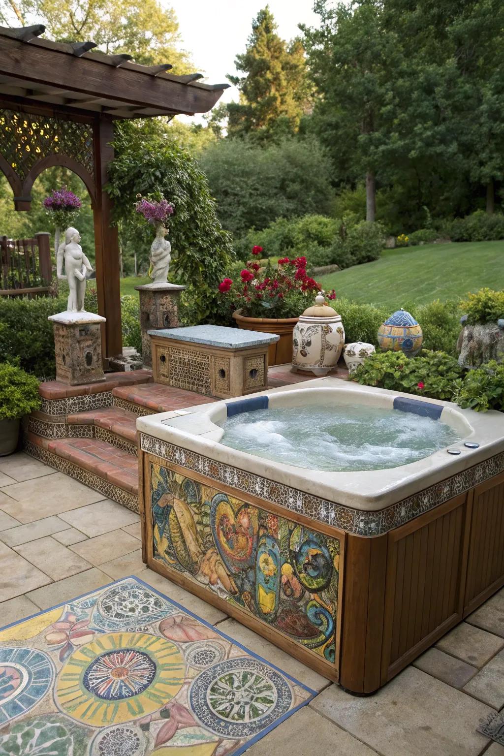 Enhance your hot tub area using artistic elements for a personalized accent.