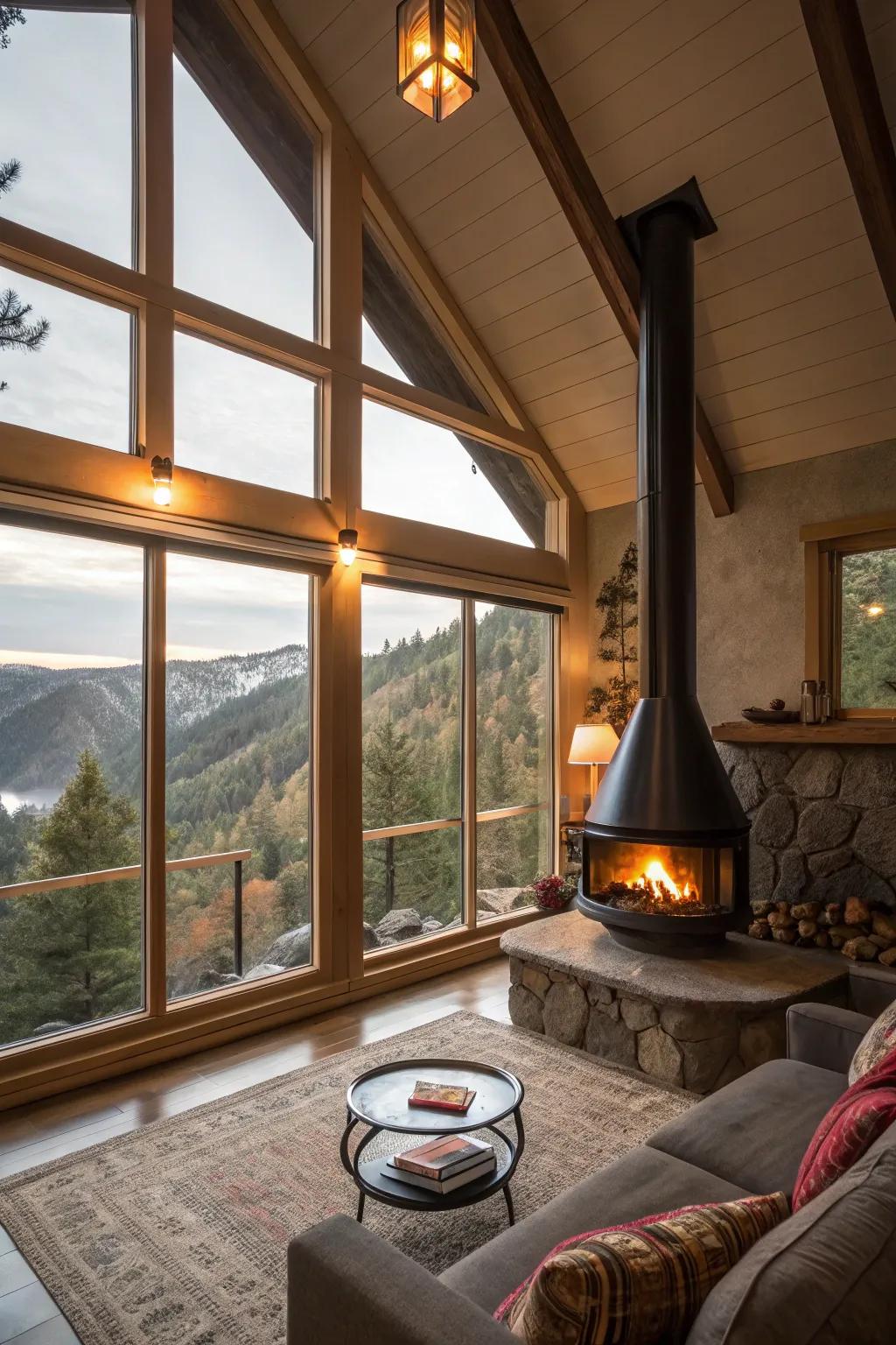 A hanging fireplace that creates a cozy atmosphere with breathtaking views.