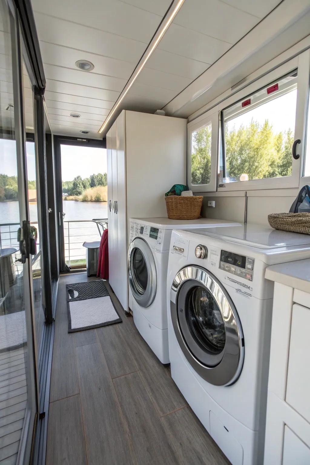 Space-efficient appliances boost functionality in this houseboat.