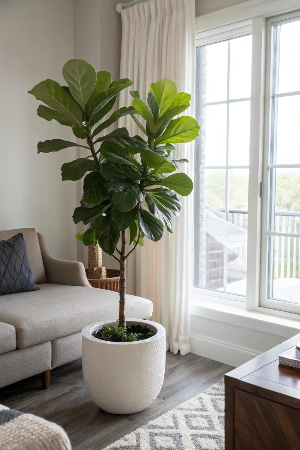 In the living room, a Fiddle Leaf Fig makes a dramatic statement.
