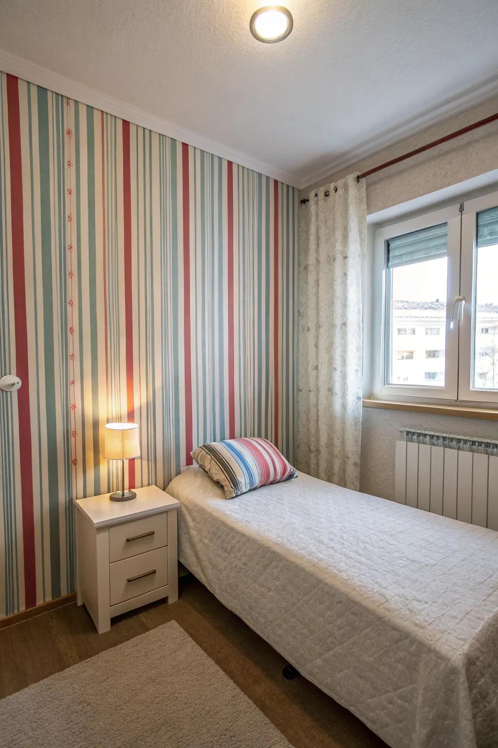 Vertical stripes in wallpaper create the illusion of height in a small bedroom.