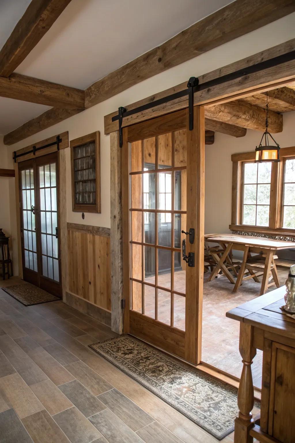 Barn door sliders add countryside charm and functionality to French doors.
