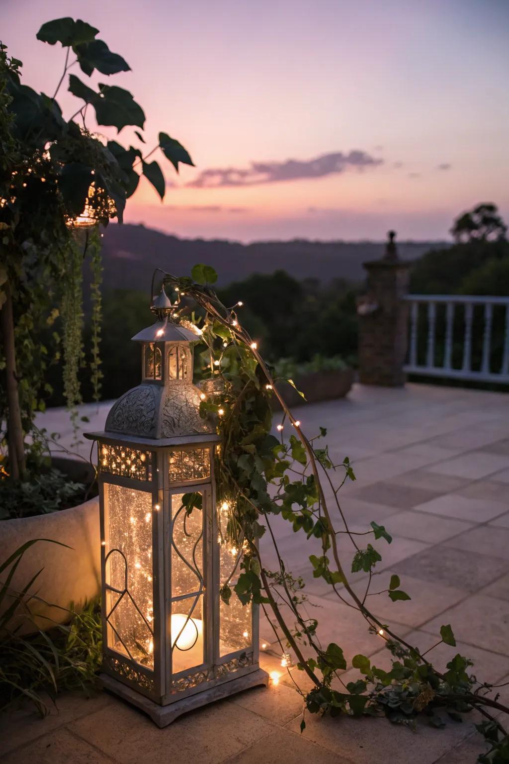 Enchanting fairy tale lantern with vines and lights.