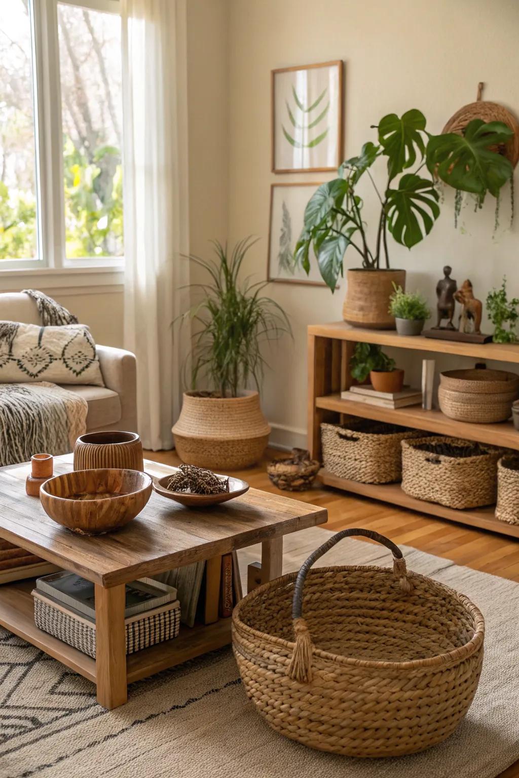 Eco-friendly decor adds charm and sustainability to the space.
