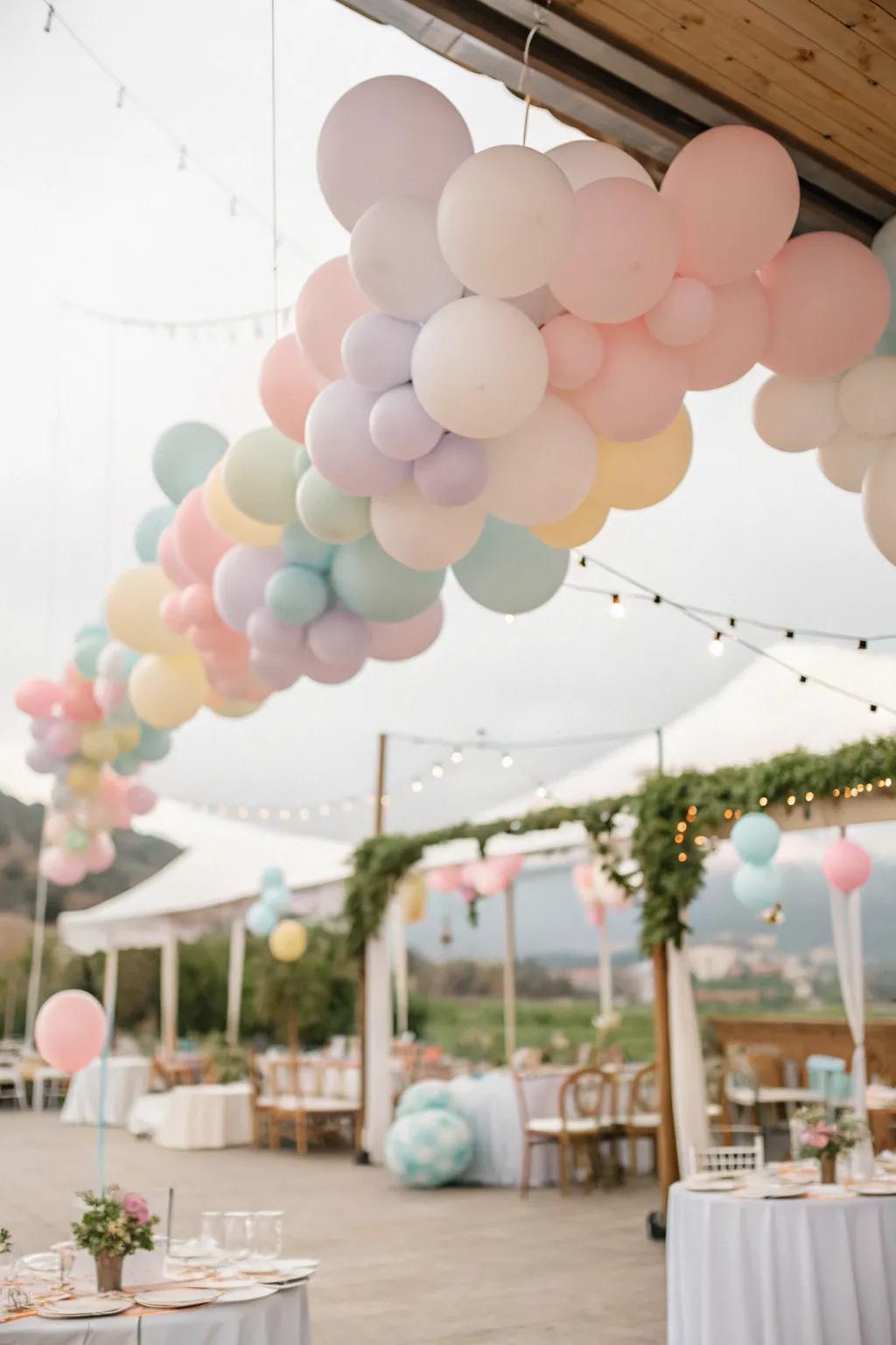 Balloon clouds create a whimsical and dreamy atmosphere above the event area.