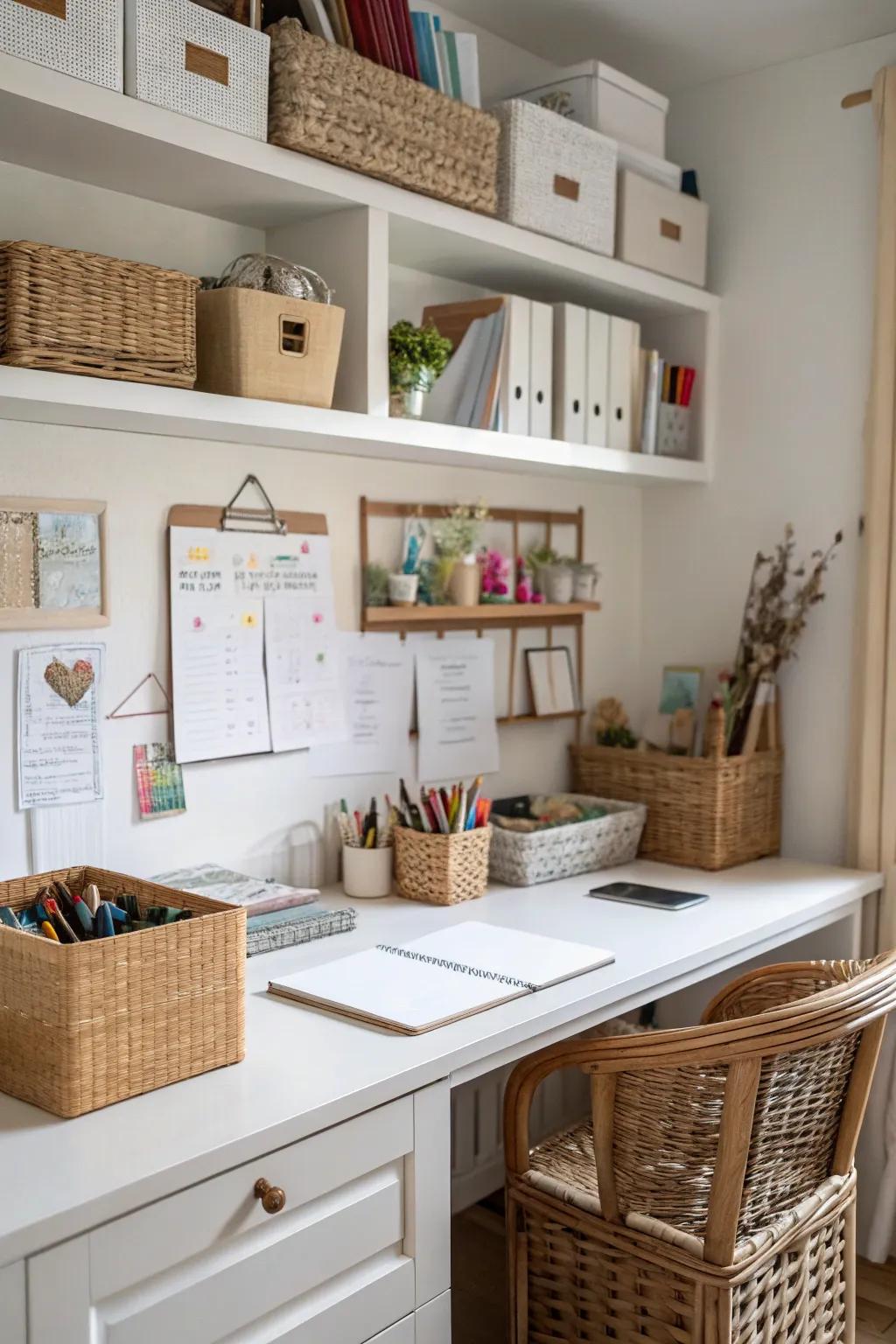 Baskets keep office supplies organized and welcoming.