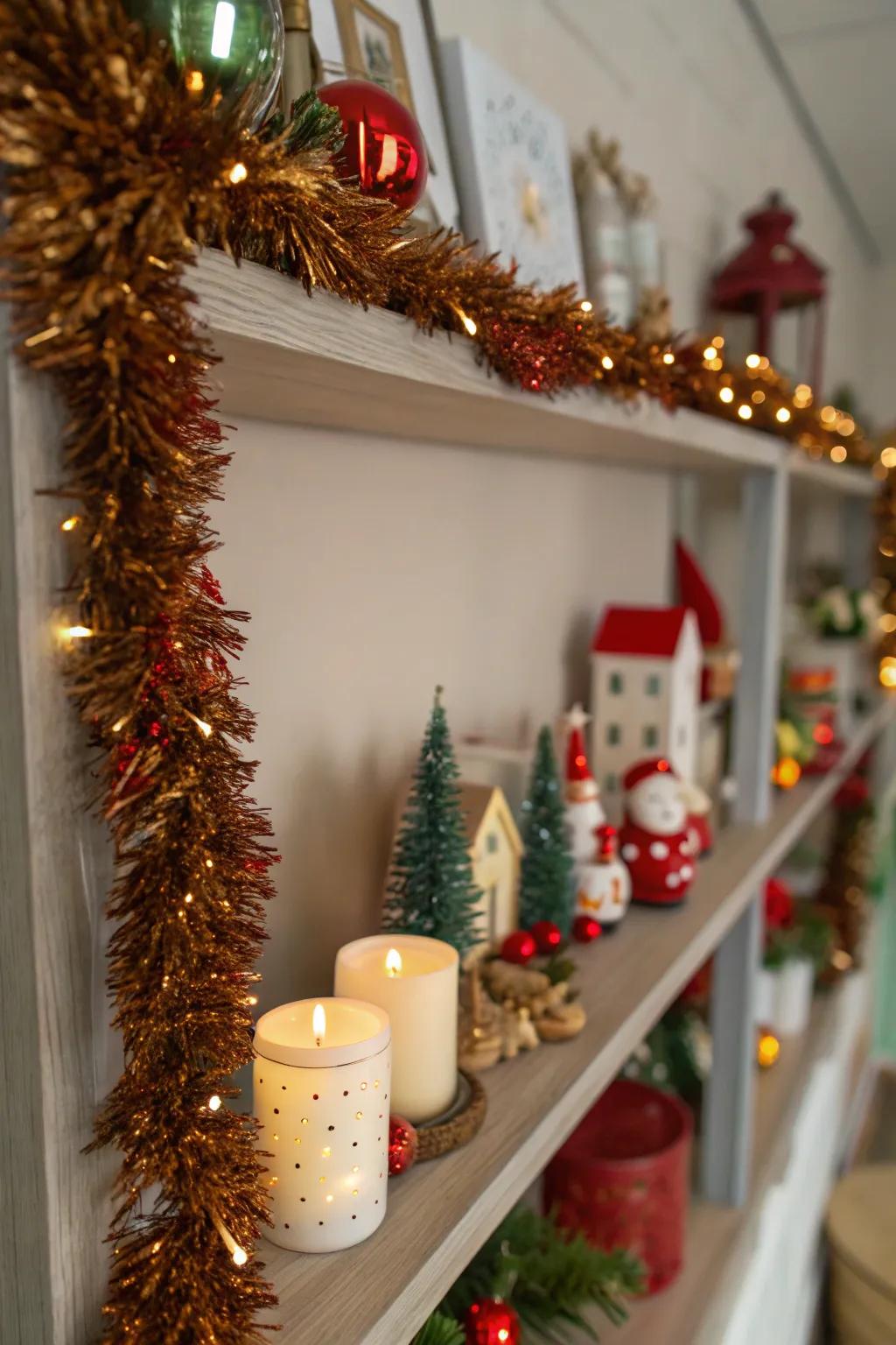 A shelf featuring holiday collectibles accented with tinsel garland.