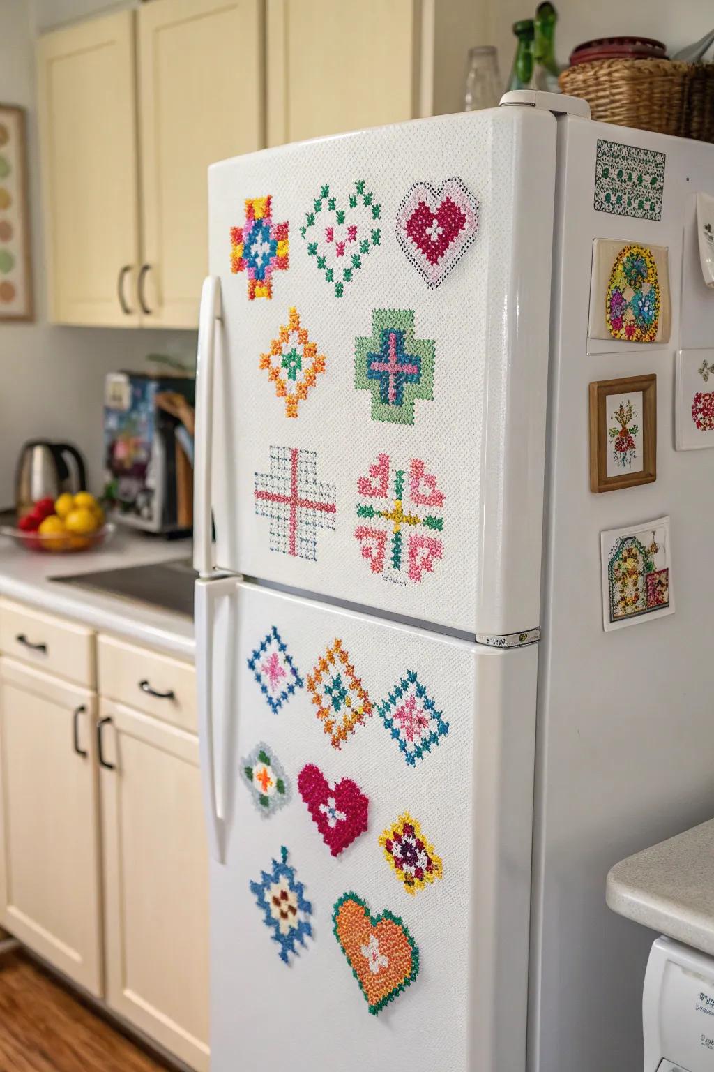 Cross stitch holdfasts bring color and charm to kitchen appliances