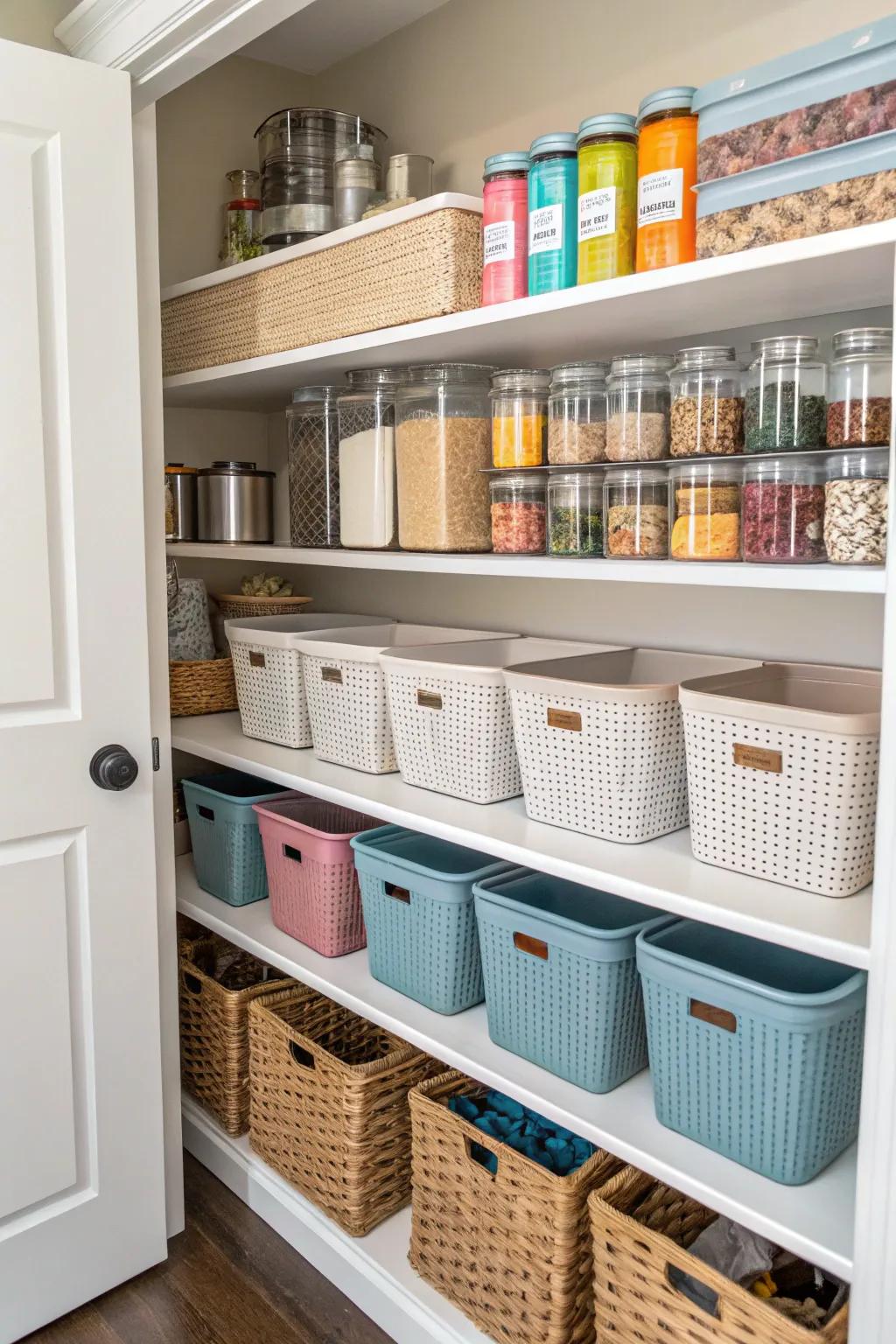 Uniform stowing tubs forge a cohesive and methodical pantry.